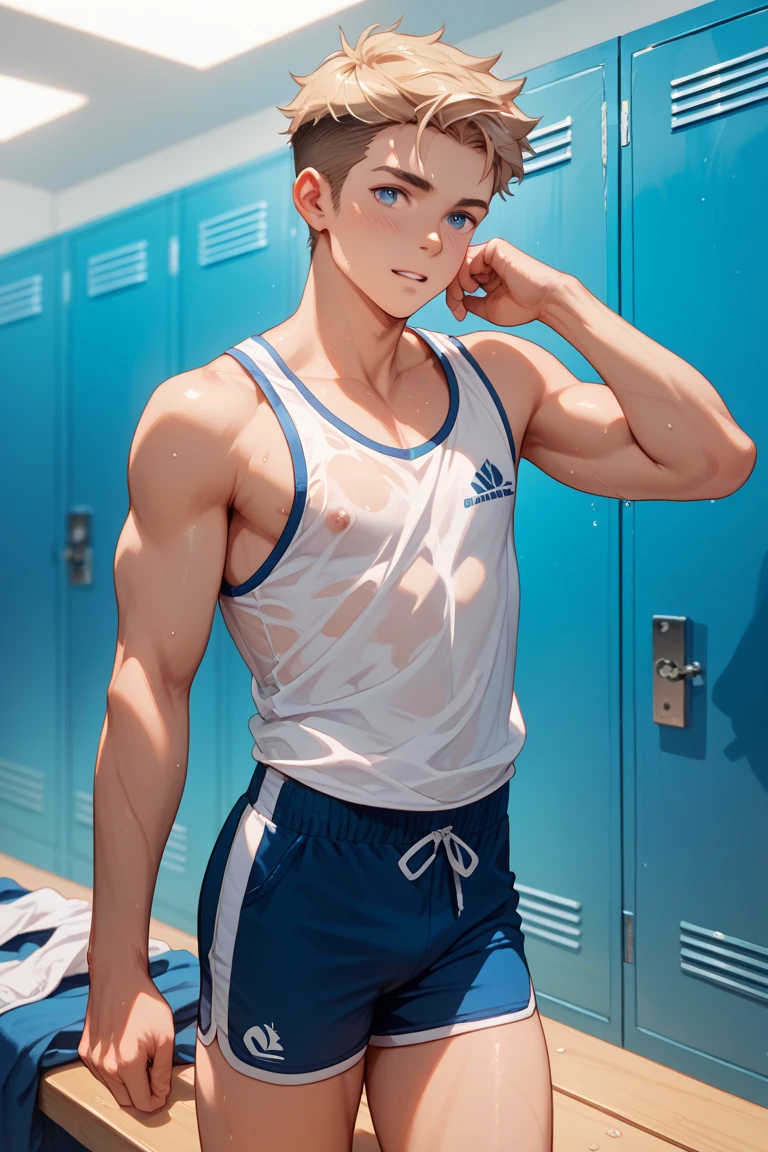 A 15-year-old boy in blue panties stands in a locker,Arm raised, Body movement, Muscular thighs,Bodybuilder body, Muscular legs, athletic muscle tone, attractive sporty physique, Body fitness, Physical Education Student, sexy muscular body