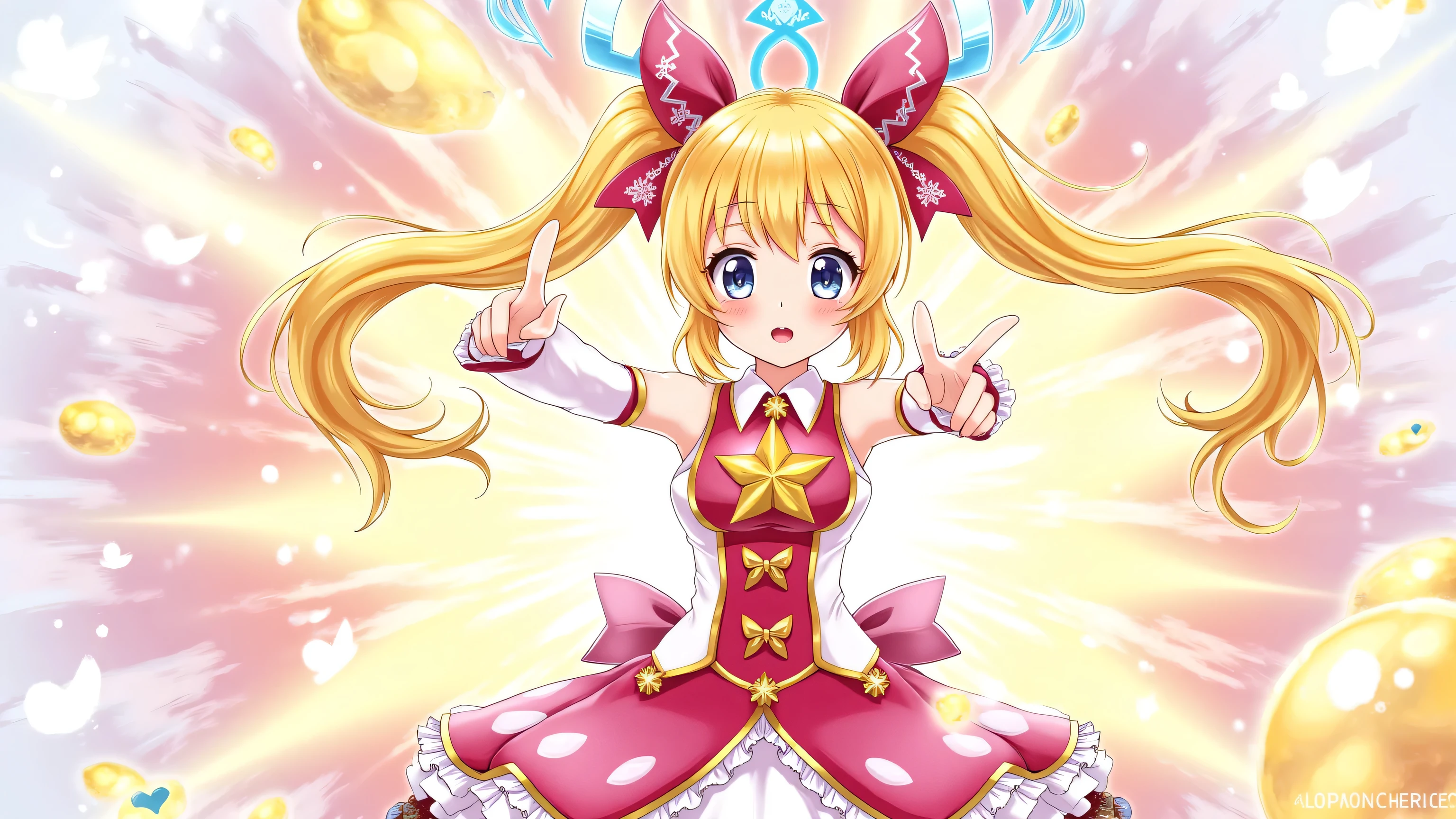 A 15-year-old anime-style girl with bright golden blonde hair and large, expressive eyes stands gracefully. Her youthful face displays an innocent and charming expression, complemented by soft features characteristic of anime art. Her golden hair shines softly, enhancing her lively, youthful appearance in this cheerful and vibrant scene. She wears a vibrant, colorful magical-girl costume inspired by Japanese anime, adorned with ribbons, frills, and sparkling decorations. She strikes an energetic and confident transformation pose, surrounded by dazzling magical effects. Her eyes are bright and expressive, capturing a sense of determination and youthful enthusiasm. The scene evokes the dynamic and enchanting style characteristic of anime magical-girl transformations.