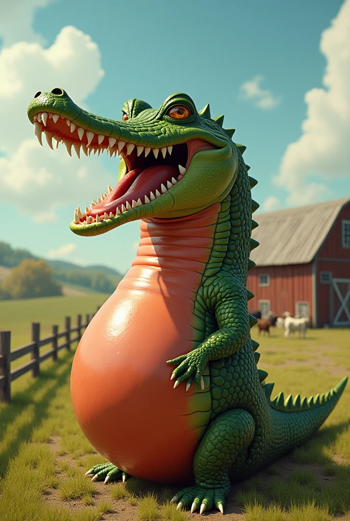((dark green crocodile)), 1female, beautiful detailed eyes, extremely beautiful eyes and face, large-scale artwork, intricate details, masterful craftsmanship,artistically rendered background, high-res, 4k resolution, photorealistic, professional artwork, enchanting scenery, sensuous curves, captivating pose, lusty expression, sexy posing, charming chubby body, massive soft boobs, very big boobs, stunning beauty, ((gigantic breasts)), cleavage,jeens , ((truck cabine)), ((lean on truck cabine)), countryside,rural atmosphere, near gas station, nature,green tones,