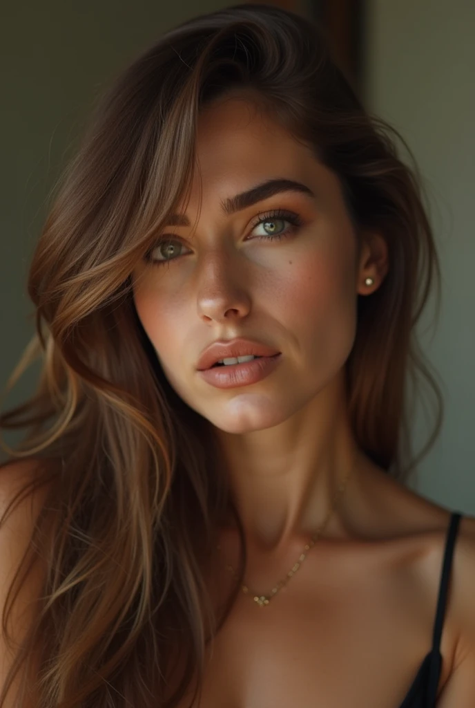 Latin woman long hair honey colored eyes seductive smile pearly skin 