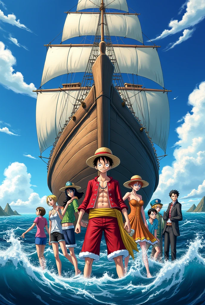 I want a picture of Luffy, Sandy, Zoro, US, Sanji, Chopper, Robin, Franky, Brook e Jimbe, on their pirate ship, the ship is more beautiful, mais bonito, much more, that puts fear into other pirates, much more fear, a gigantic fear, a huge ship, much bigger and stylish and terrifying, a little more of all this, that the ship matches their flock, a little more of all this, It has to be from the gang that is the strongest in the world
