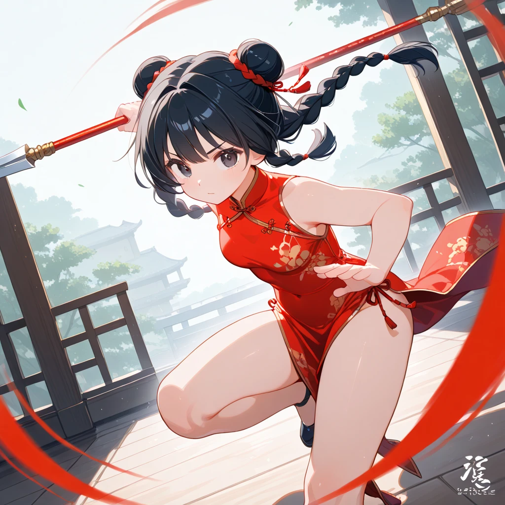 Create a full-body of a youthful Japanese loil with an energetic and determined expression. The character have a double hair bun secured with a golden headband, and the face should feature bold red and dark Peking opera makeup with eyes full of courage and resolution. The facial features need to be highly realistic, with particular attention to the eyes, nose, and mouth. Wide angle view, fisheye lens technique, fixed camera position. The Character Portrayal: 18 year old beautiful loil Ming Dynasty warrior, head hairstyle: dark double bun hair, combed into two double sideburns similar to Chunli's hairstyle; she is wearing a pink or purple lavender embroidered belly-band, green three-petal lotus-leaf wrist guards, a light green lotus-leaf skirt, bare feet without shoes, green ankle guards and three-petal lotus-leaf ornaments, each fire ring on her left and right feet, which follow the movements of her feet with a slight fluttering motion. She holds a chinese long spear in her left hand, the tip of which glints with a cold light. In her right hand hold a Gold Hula ring. The back is encircled by the red float Dunhuang ribbon , which follows the movement of her back with a slight sway. Movement: Ne Zha's overall direction of movement pans slightly towards the [top] of the screen, the direction of her cute head [slightly upwards to the right], the direction of her upper torso [upwards], the direction of her left arm's movement [slightly upwards], the direction of her right leg's movement [downwards], and the left leg's movement [downwards] as well. High Performance, Slow Motion, 4K, 3DCG, Unreal Engine, Game CG, Game Demo, High Surface Count, Ne Zha's delicate toes, Hanging Weiya, Ne Zha's delicate features. {{masterpiece}}, best quality, illustration, 1 girl, {double bun}, small breast, beautiful detailed eyes.