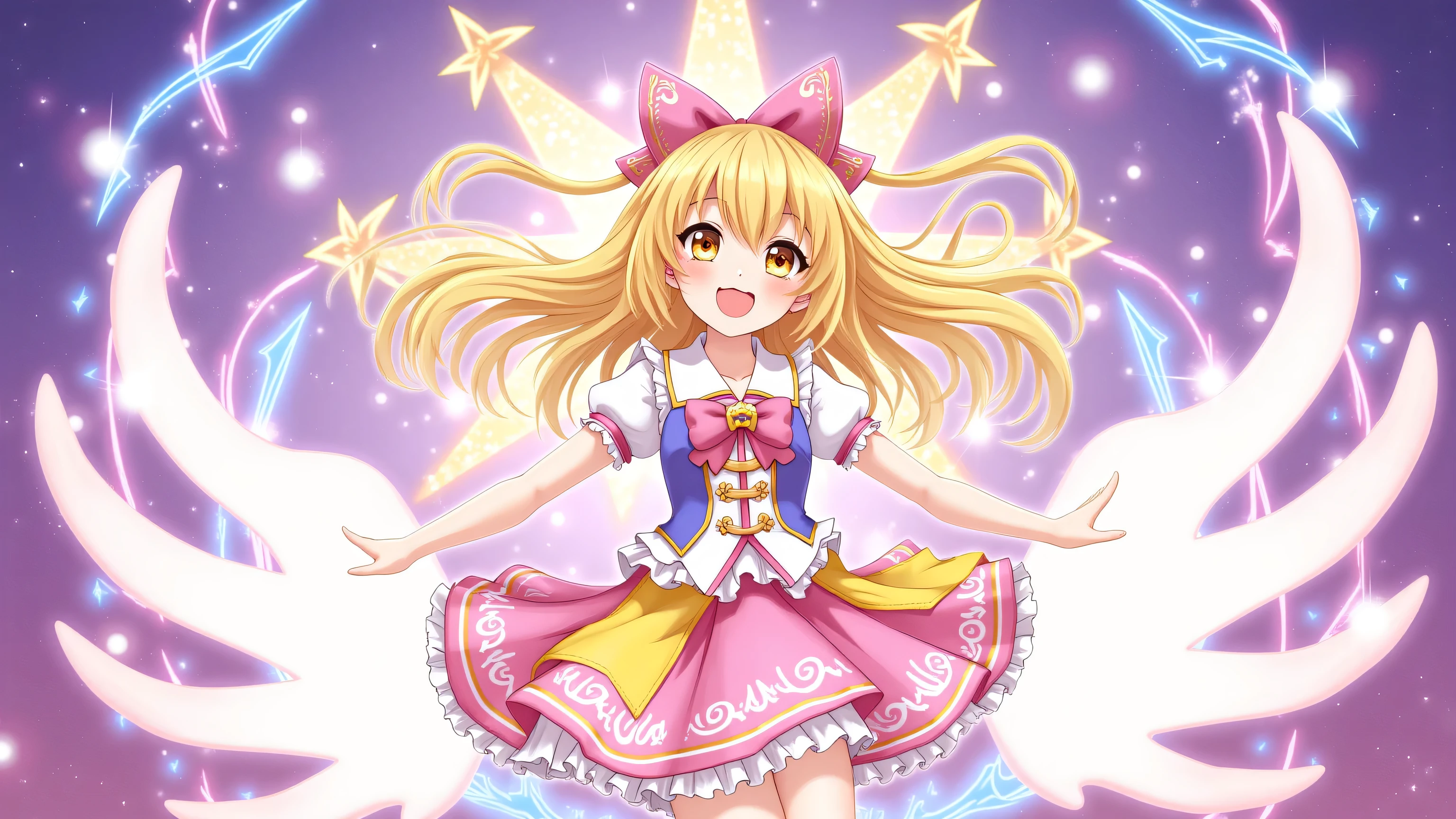 A little girl,golden curly hair,Wear sparkling fluorescent clothes,Take the magic wand,Smiling,Background fantasy blur,tmasterpiece,ultra HD picture quality,8K分辨率