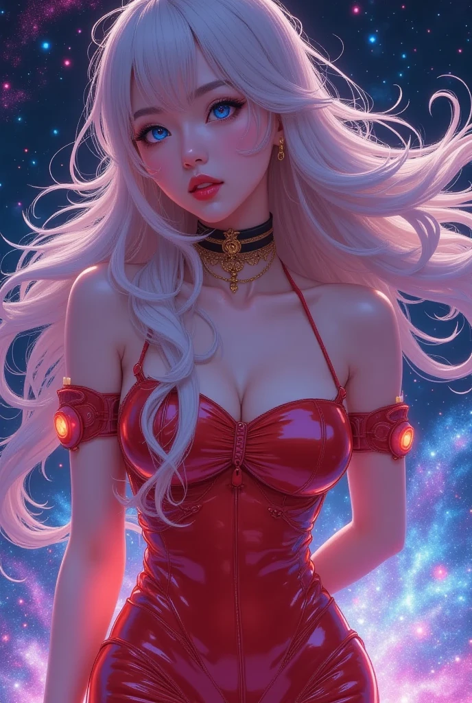 (masterpiece, Best quality, ultra detailed:1.2), 1 girl, perfect curves, (shimmering galaxy dress:1.1), Long straight blonde hair, braided hair, wrapped in white silk, (red background:1.2), riding a wolf  