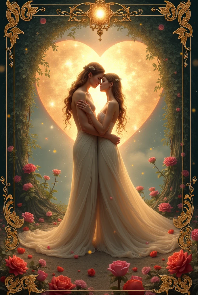 (masterpiece, highest quality, official art, beauty and aesthetic:1.5), oil painting by Leonardo da Vinci and Alfons Maria Mucha, perfect ???????, two gorgeous and stunning pale-skinned young pregnant goddesses is deeply in love with each other, kiss, fantastic make-up, jewelry, romantic atmosphere, flower and moon, magnificent panorama view