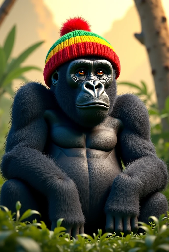 A gorilla wearing a reggae-style cap emblazoned with the Jamaican flag