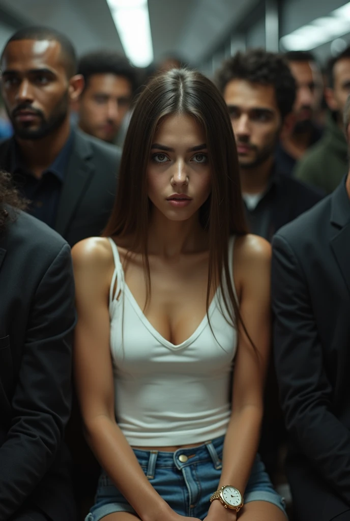 A beautiful woman with a seductive look, surrounded by men who appear to be in panic, with exaggerated expressions of fear and trying to run away.