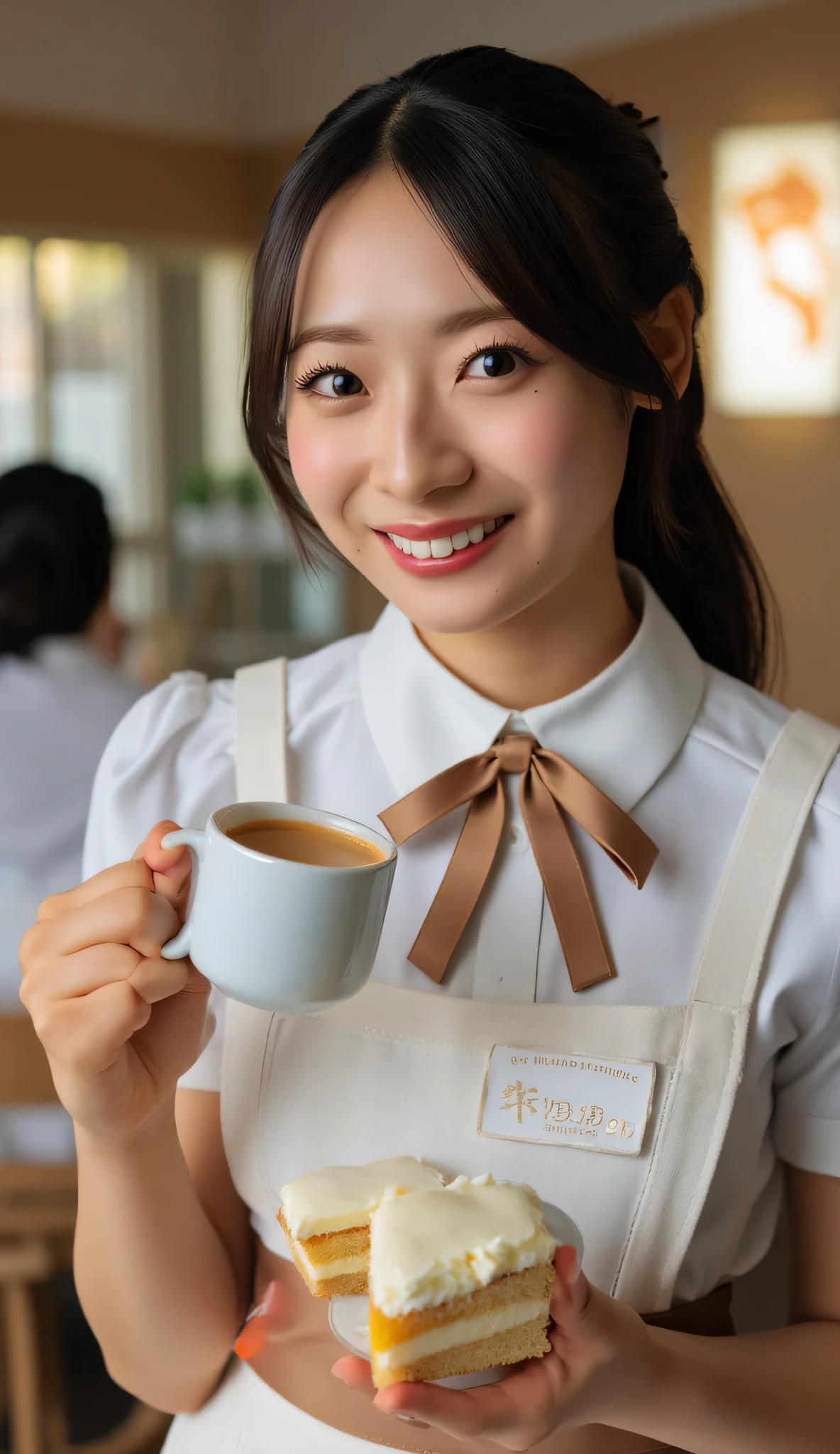 1 woman, high resolution, masterpiece, accurate, anatomically correct, 最high quality DVD, high detail, high quality DVD, high definition model, textured skin, ultra high definition, Hair, ponytail、smiles,, Portrait Photography, Photo Quality、Maid Outfit、 waitress、Cafe、has Obon、Coffee cup and cut cake on top of Obon、Hospital、Hotels