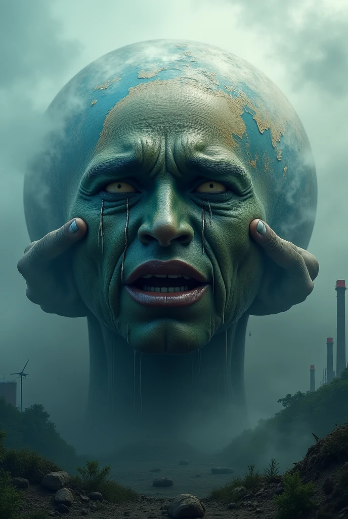 the condition of the earth is in outer space, there are eyes, there is a nose, there is a sad mouth, there are tears flowing, there is air pollution, garbage, dirty river water