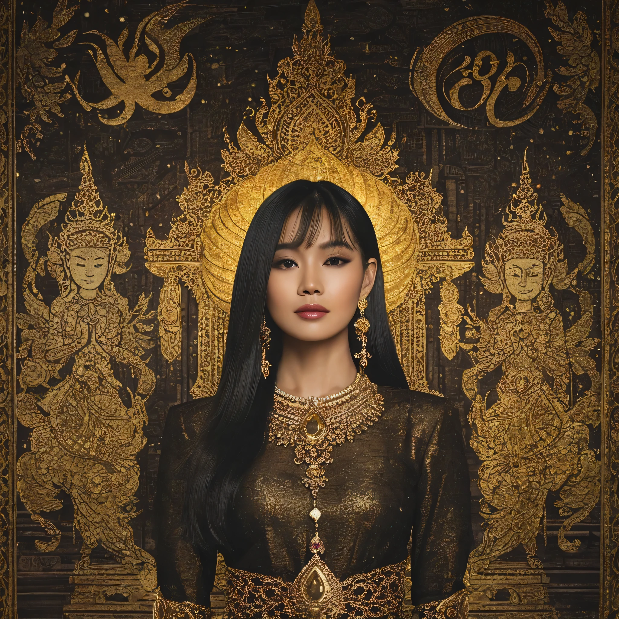 Thai woman wearing gold Thai dress wearing a jewel necklace with sensual words,Short hair wearing background earrings in the form of a standing angel character