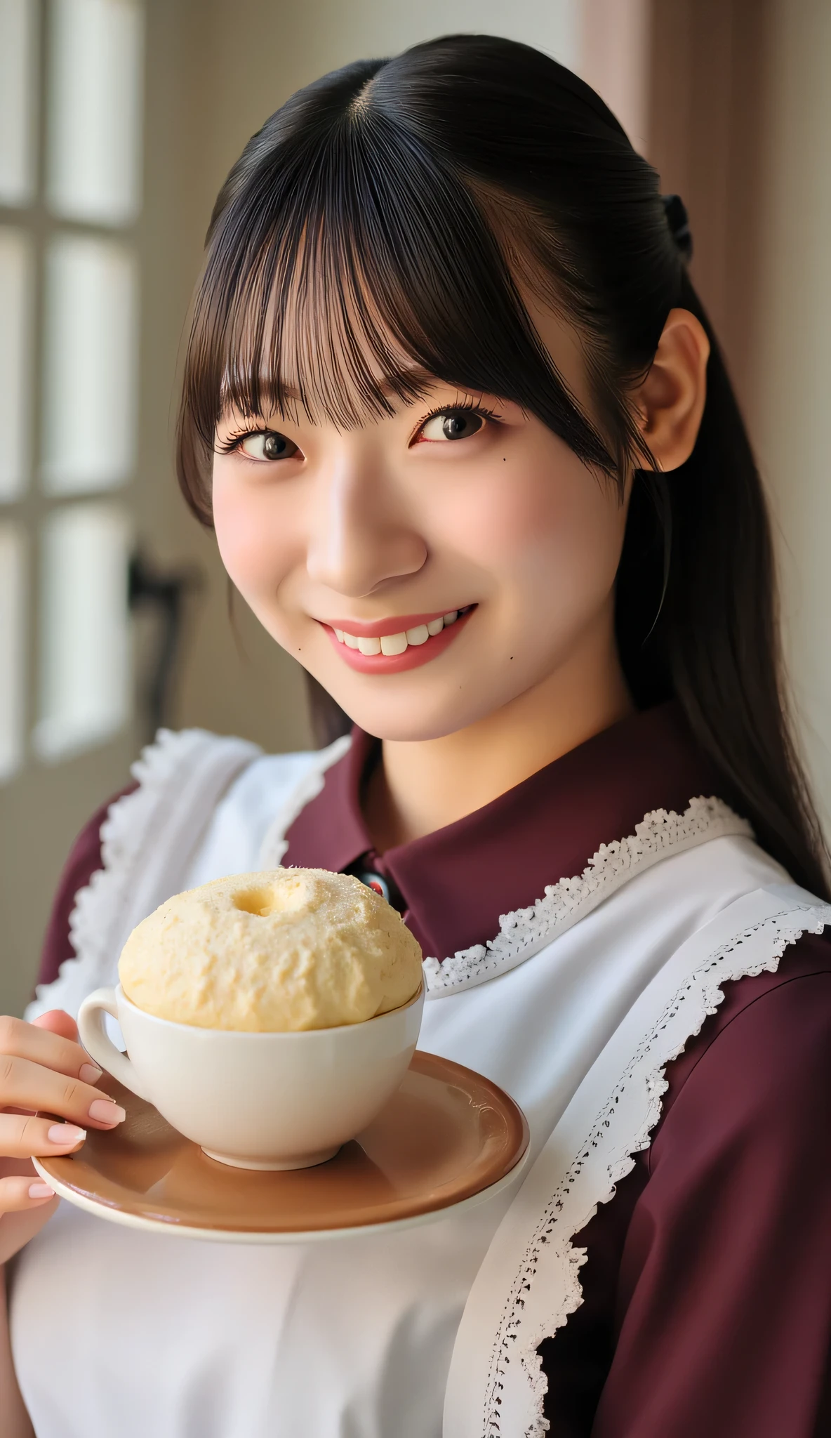 1 woman, high resolution, masterpiece, accurate, anatomically correct, 最high quality DVD, high detail, high quality DVD, high definition model, textured skin, ultra high definition, Hair, ponytail、smiles,, Portrait Photography, Photo Quality、Maid Outfit、 waitress、Cafe、has Obon、Coffee cup and cut cake on top of Obon、Hospital、Hotels