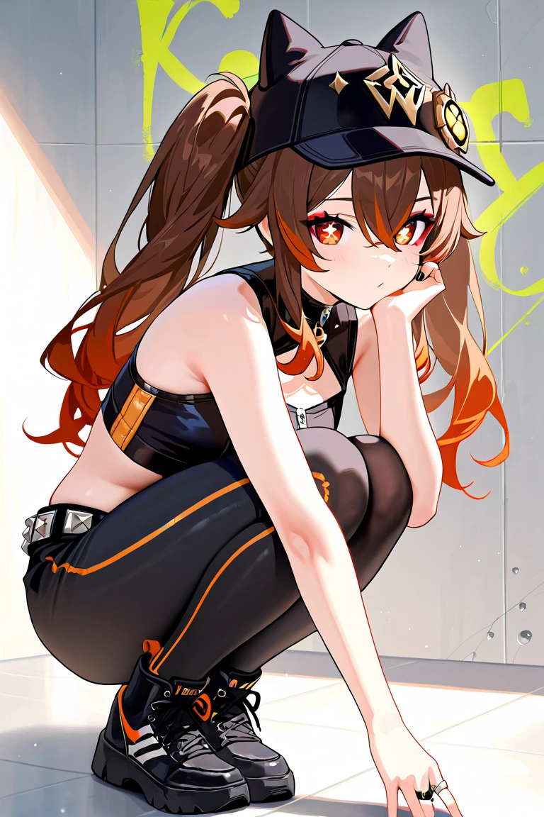 masterpiece, detailed, high quality, (absurdres), high sharpness, high resolution, enna, 1girl, solo, twintails, blush, (small breasts), curvy, wide hips, navel, stomach, (cameltoe), bodysuit, (lace trim:1.3), hoodie, partially unzipped, hand in pocket,