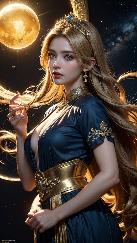 masterpiece，Highest image quality，Super details，best quality ,extremely delicate and beautiful, Very detailed,best quality, official art, Extremely detailed CG unified 8k wallpaper, Huang Li, Huge file size , Super detailed, The best look，high resolution ，海边beach摄影，beach，positive focus bodyesbian；1.5，big watery eyes，Blonde hair, blue eyes，The sexiest look，Beautiful dreamcatcher earrings，charming smile，Blushed，Beautiful udder，perfect breast shape，snow white breasts，（Real and radiant skin），（sparkling eyes），Upper body，（night sky，Milky Way，starry sky，），Ultra thin，translucent，（Thick, neatly styled hair），Kazilan's eyes widened，美丽的red晚礼服，（Evening gowns in various colors，black，gold，red，blue，Purple，pink，），Bright colors，Vivid colors，
