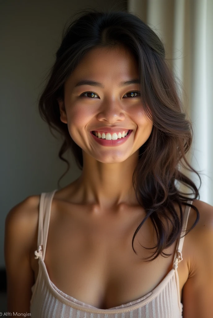 Sun set, RAW photo, (((extremely beautiful portrait))), ((glistening skin)), 1girl, 18 years old girl, ((natural black hair)), [brown eyes], long hair, eyeliner, fluttering hair, vibrance, ((masterpiece, best quality, hyper detailed, Cinematic light, intricate details, highres, 8k, extremely detailed)), cleavage, detailed background, 8k uhd, dslr, soft lighting, high quality, film grain, Fujifilm XT3, shallow depth of field, natural light, (perfect hands), perfect face, smiling witb teeth, baby pink lingerie, whole body, glossy lip