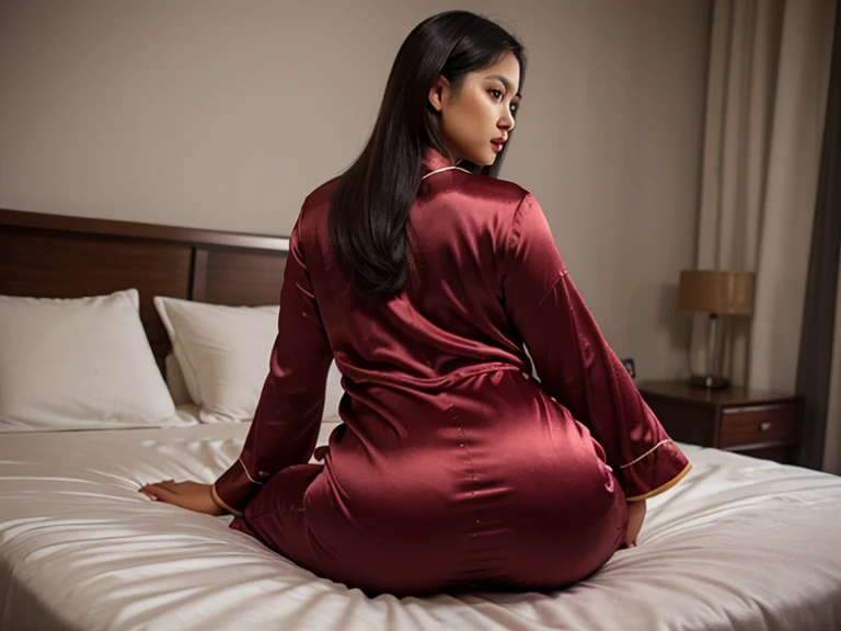 (realistic), (high quality), malay woman in long malay dress, long dress, sitting on her knees, rear view, traditional dress
