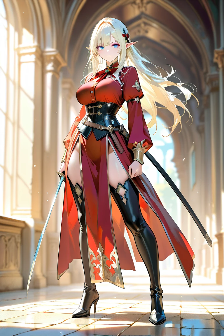 (from below:1.2),((1girl:1.5),curvy,petite,beautiful breasts,(large breasts),pale skin,(erect nipples)),((realistic),8k,ultra hd,high resolution,best quality,masterpiece,(Sense of presence:1.5),(Dynamic:1.5),(bold:1.5)),((clothed:1.2),leather boots,leather gloves,(asymmetrical carbon armor:1.5),(red embroidered white lace dress:1.5),(see through:1.2),(long silk sarong))),((thin hair:1.8),(extra long High ponytail),(straight hair:1.5),Swept bangs,(extra light coppery amber hair),(hair over one eye),hair blowing in the wind)