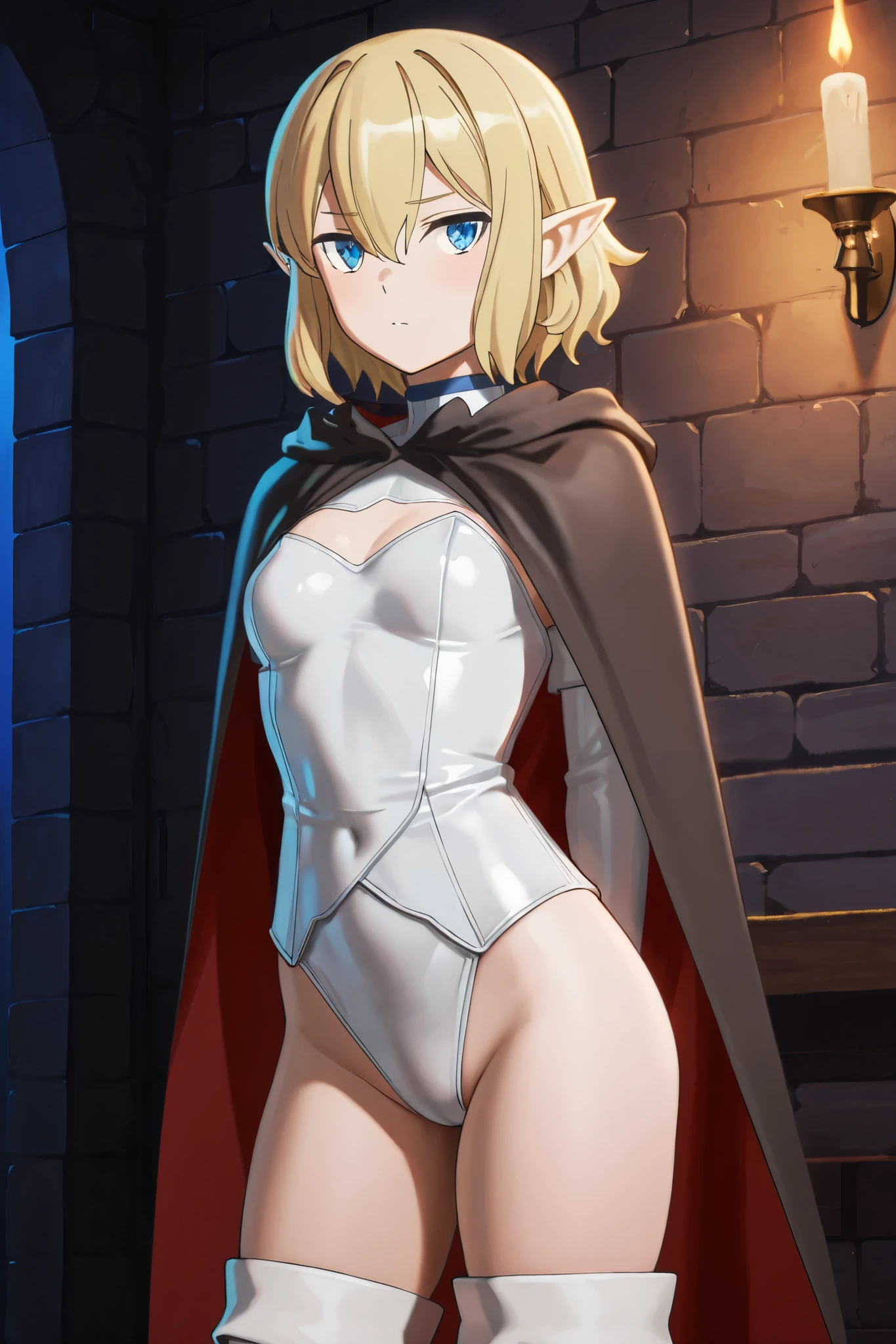 Female wearing tight gantz suit armor torn apart, black collar, corset, navel, abs, single braid, blonde, yellow glowing eyes, bright pupils, eye focus, red cape, temple indoors, stained glass windows, night, moonlight, particles, light beam, chromatic aberration, (full body, whole body. 1solo (girl) slave fighter, loincloth standing, hands on hips full body, whole body, 1solo (girl). slave fighter, standing, hands on hips, choker, big belt, view from below, feet together, bracers, tiara)