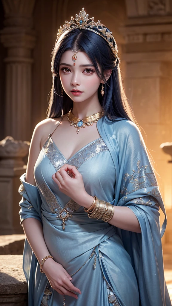 Wearing a blue dress、Arav woman wearing a gold belt and necklace, 3D Rendering Character Art 8k, Popular on cgstation, chengwei pan on artstation, Inspired by Lan Ying, 8K Artgerm bokeh, 8k high quality detailed art, Deviantart Art StationCGSCOSIETY, cgsociety 8k, cgsociety 8k