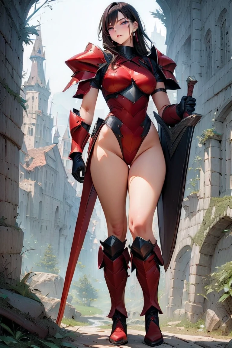 scarlett johanson, medium body, warrior, vestimenta warrior, mountains, full body image, throwing kiss, High resolution, face orgasm, sword