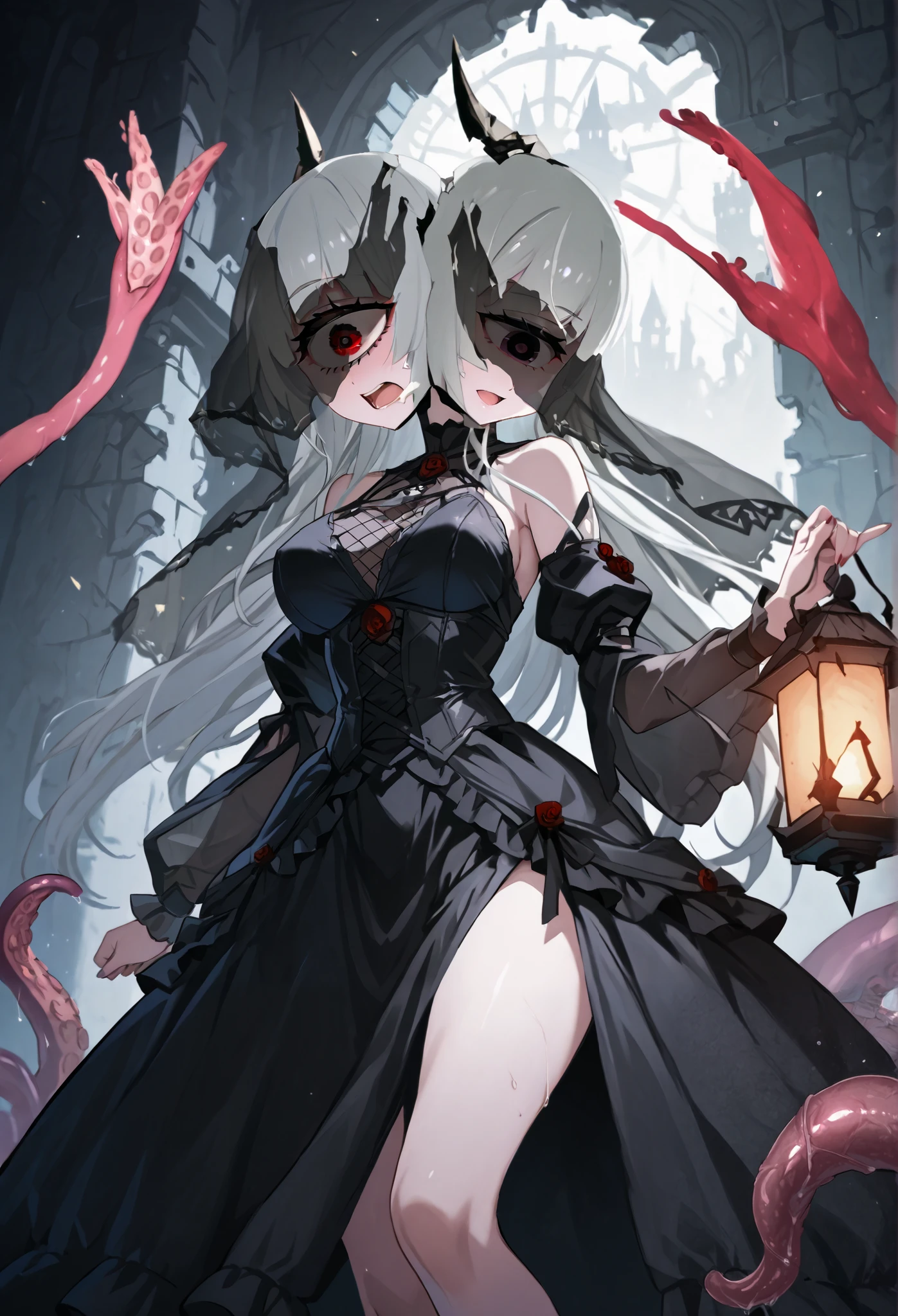 Two-headed woman. ((Twin heads)) ((Cyclops Eye)) Silver hair. Long hair. Gothic dress. Black and white dress. Horns on her head. Mono-eye. Breasts perky. Veil. Tentacles from behind. Tentacles with mouths. Lantern. A broken castle. Ruins.