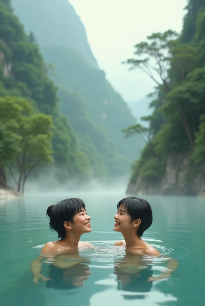 Two beautiful Japanese women swimming in a forest lake. 