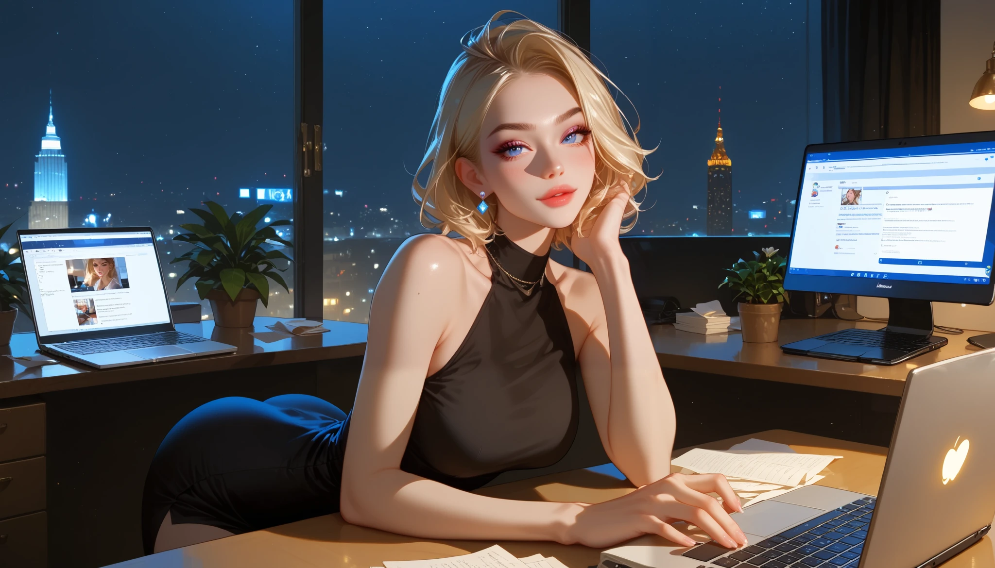 "A beautiful face and nice body, a woman sitting in a high-rise office at night, working on her laptop." She is wearing a sleek black dress, illuminated by the glow of her screen and city lights outside the window. A cup of espresso and a stack of papers sit beside her.