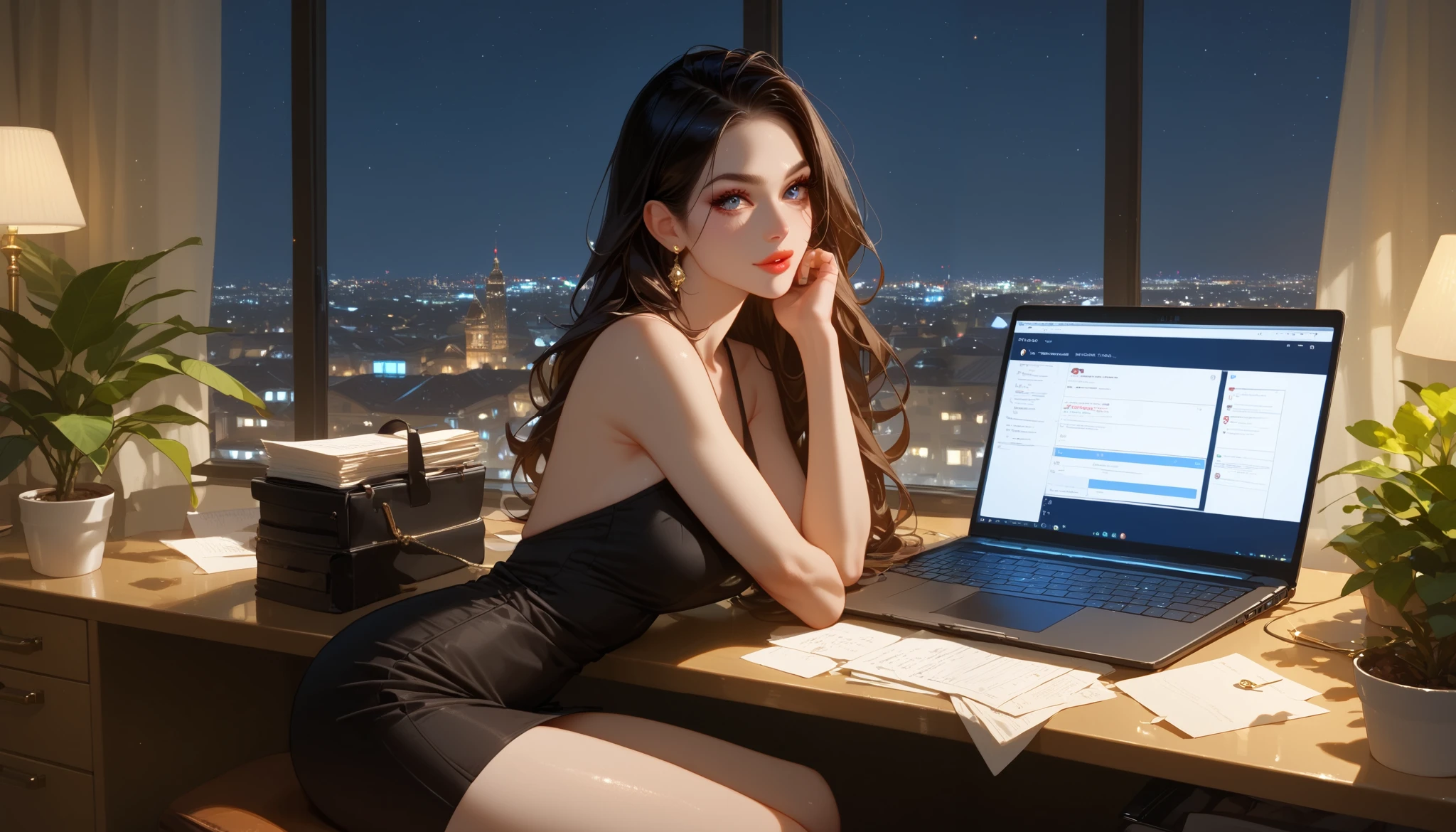 "A beautiful face and nice body, a woman sitting in a high-rise office at night, working on her laptop." She is wearing a sleek black dress, illuminated by the glow of her screen and city lights outside the window. A cup of espresso and a stack of papers sit beside her.