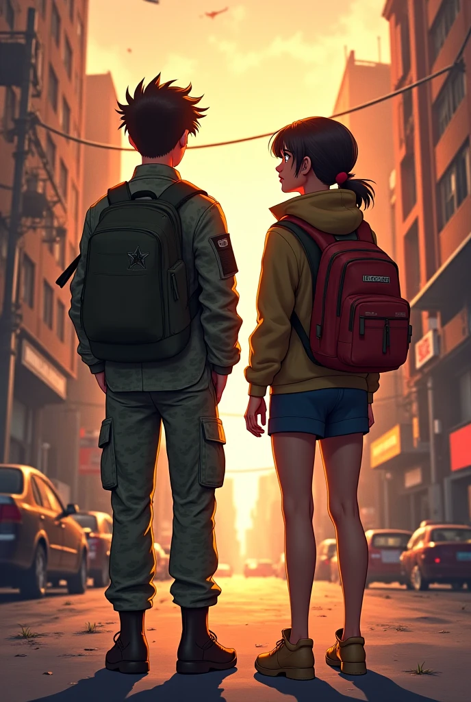 A girl with a backpack and a boy carrying a gun