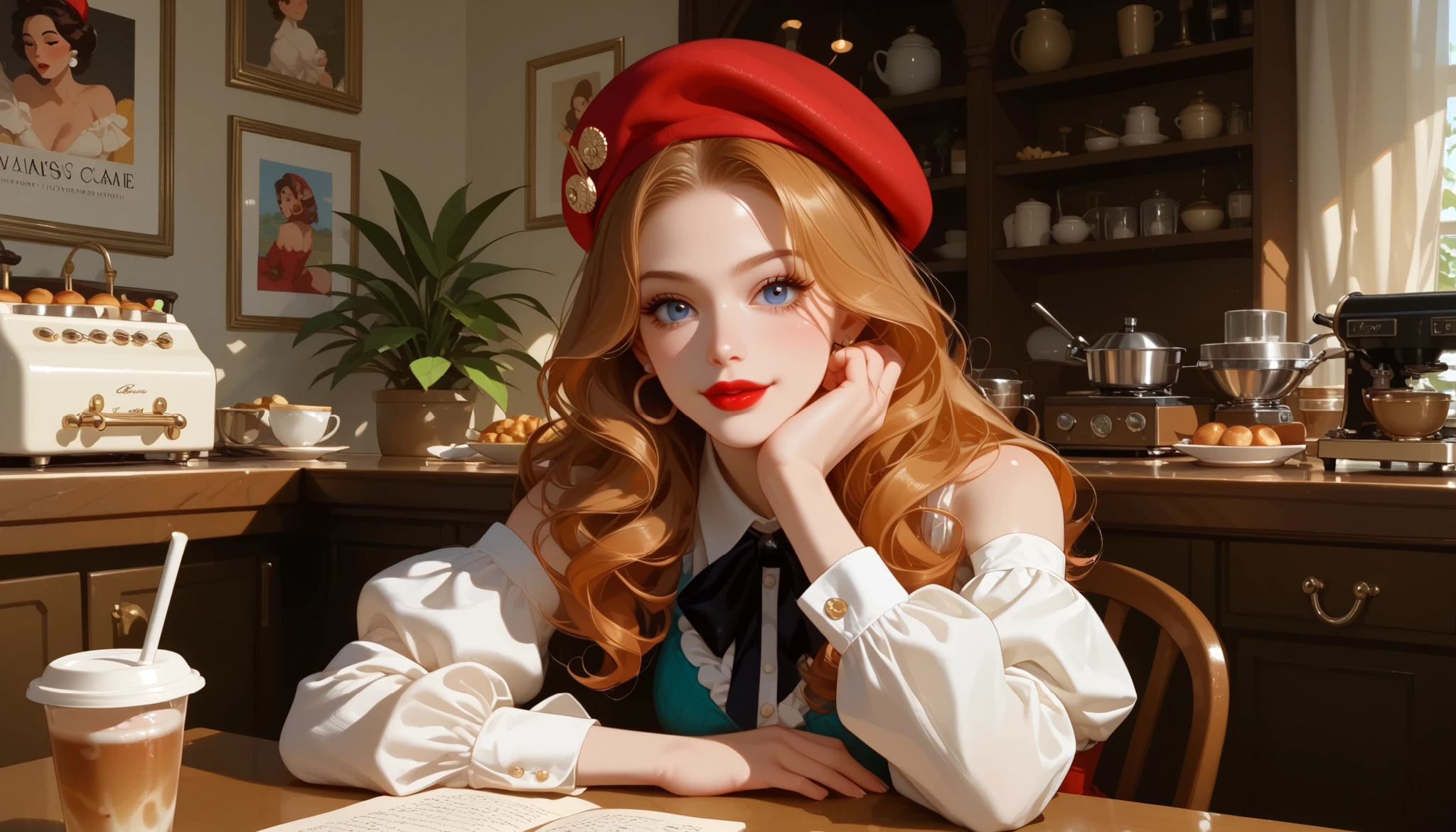 "A charming vintage café with retro posters on the walls, a classic espresso machine, and jazz music playing softly in the background. A beautiful woman with red lipstick and wavy hair sits at a round table, enjoying a cappuccino while sketching in her notebook. She wears a stylish beret and a vintage dress, exuding an artistic and timeless charm."