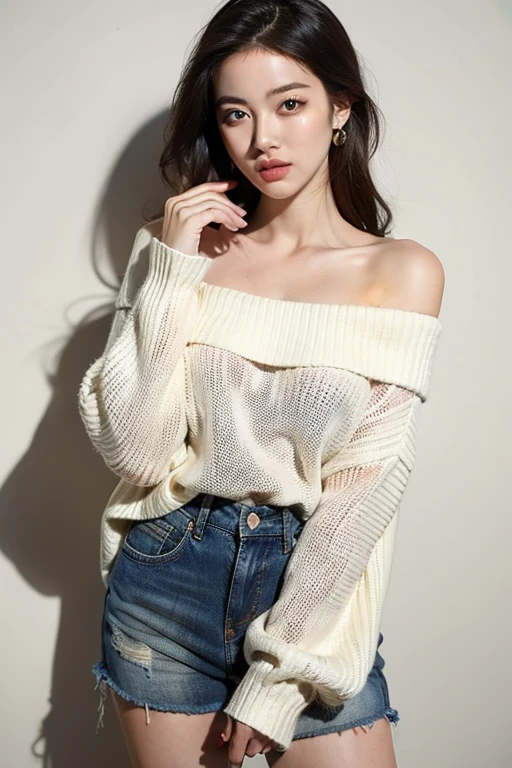 ((((masterpiece, best quality, high resolution)))), (1girl:1.5), ((short silky hair, black hair, blue eyes, earrings, choker)), (medium breasts:1.2), blush, (light smile, parted lips), glow, thighs, bare shoulders, collarbone, narrow waist, (slender body figure), cleavage, (beautiful detailed face, beautiful detailed eyes), ((black mid-riff sweater, ripped jeans shorts)), (standing up), looking at viewer, nighttime, outdoor, winter