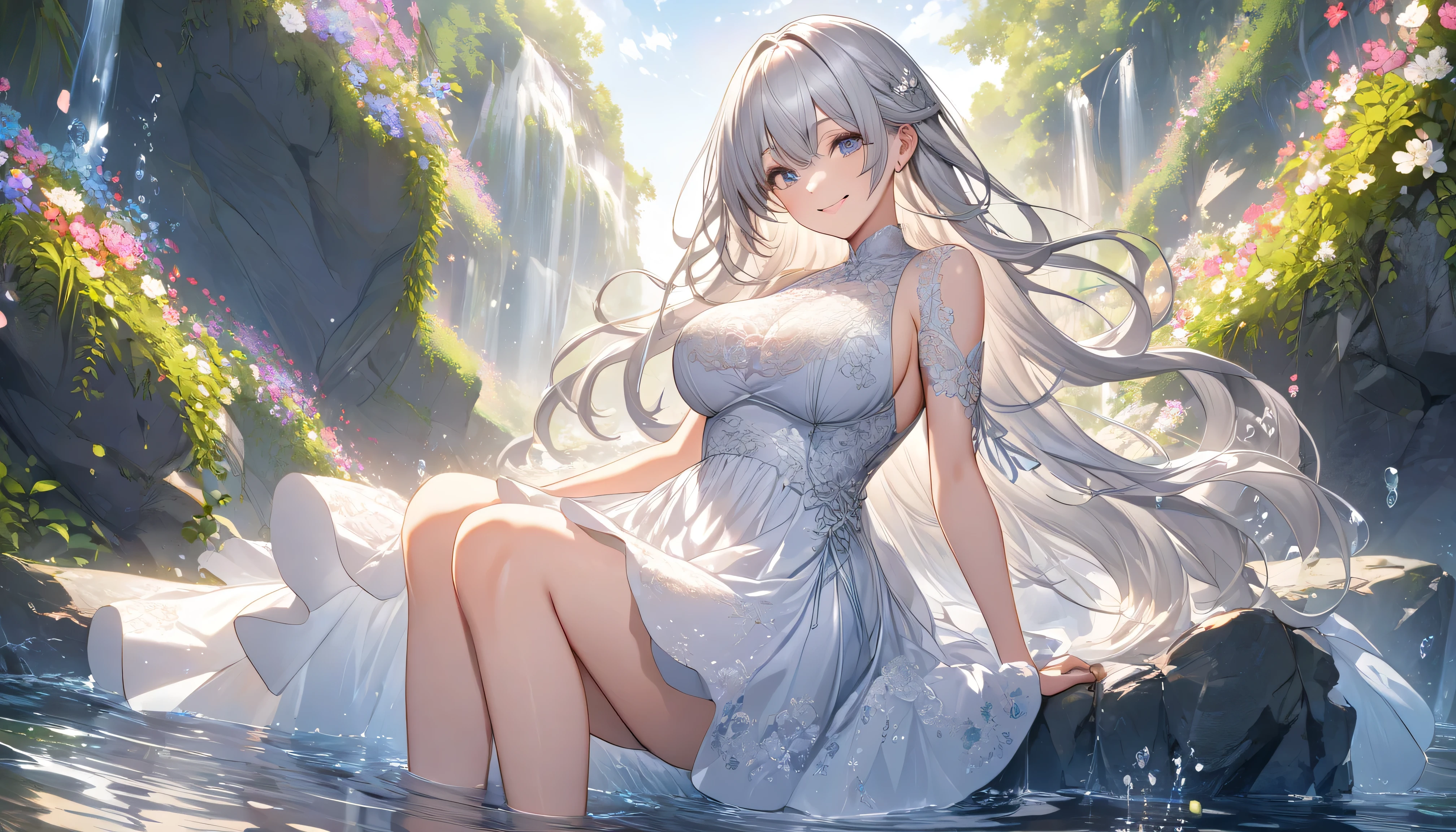 ((Half Body:1.1),(腰より上の上Half Body:1.2),( from the front ), (1 girl), (standing), (silver hair:1.2),((Big Breasts:1.1))
The background is a riverside with lots of flowers blooming,sparkling flowing out with fantastic effects,Clear, clear weather, creates a fantastic and magnificent atmosphere , A fantastic and romantic atmosphere,beautiful anime-style female characters,Beautiful girl with long silvery hair, she also incorporates shiny metal and reflective effects ,is wearing a luxurious dress with lace and delicate embroidery, her hair wavy lightly like a stream of water, Legs grow slender and long ,masterpiece,best quality, Insanely Detailed ,smile