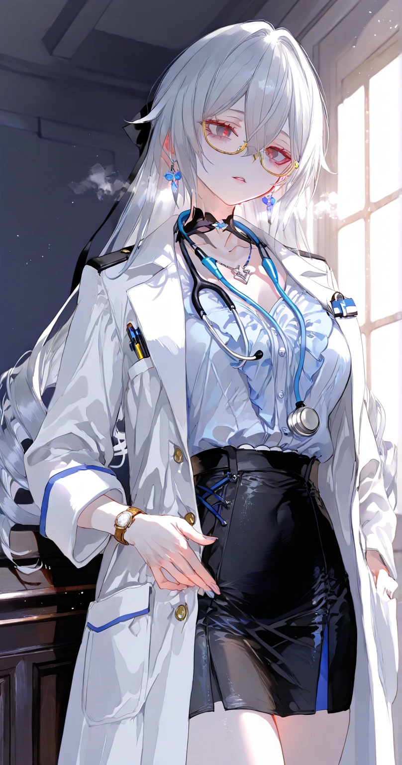(Top resolution、Distinct_image)top-quality、A woman、masterpiece、highly detailed, half body, Semi-realistic、grey eyes 、26year old, silver hair,young 、Exquisite facial features、Facial features ,variation potrait, long hairstyles, teenage, cool , cold sharp eyes , {Very detailed 8k CG unit wallpaper}, Elagent, gorgeous
Mommy type , plump body curves, big breasts, perfect body (doctor_, lab coat, stethoscope, doctor), sexy, clinic, glasses