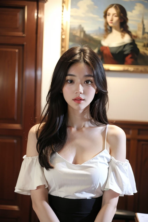 a woman, beautiful, amazing face and eyes, cosmetic,(Extremely detailed beautiful face), (The sexiest look), (best quality), (Super detailed), (Extremely detailed CG unified 8k wallpaper),original photo, Professional photography, (standing), (pure white background),(black hair),(big eyes),(Soft light source),(A little cleavage),red glossy lips,Wearing pendant, White button up shirt, Belt, Black skirt,