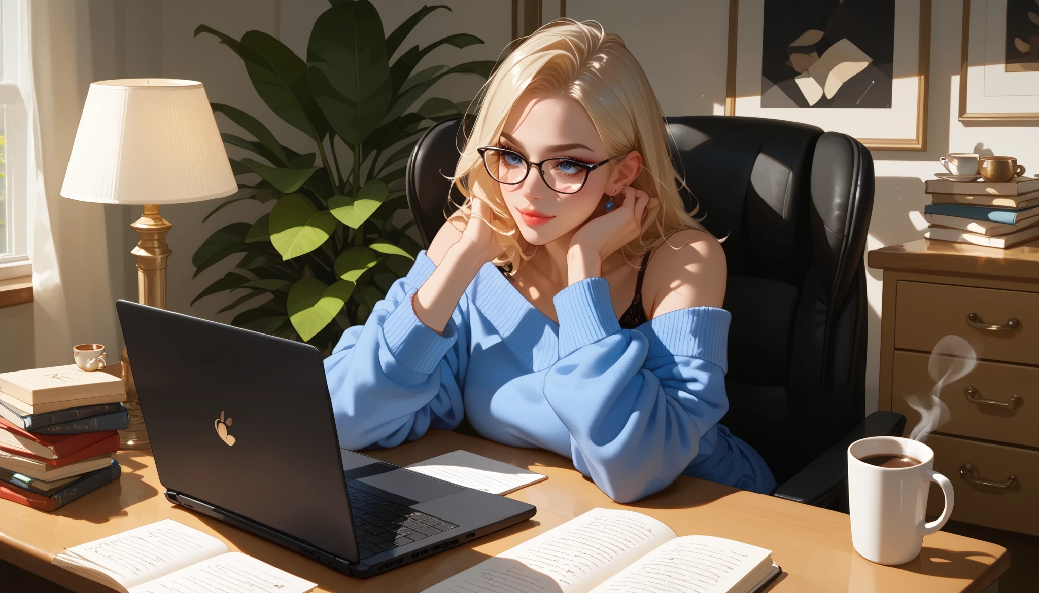 "A beautiful face and nice body, a woman sitting at a cluttered desk, deeply engaged in her work on a laptop." She is wearing glasses and a casual sweater, surrounded by books, notes, and a steaming cup of coffee. The warm desk lamp adds a cozy touch to the workspace.