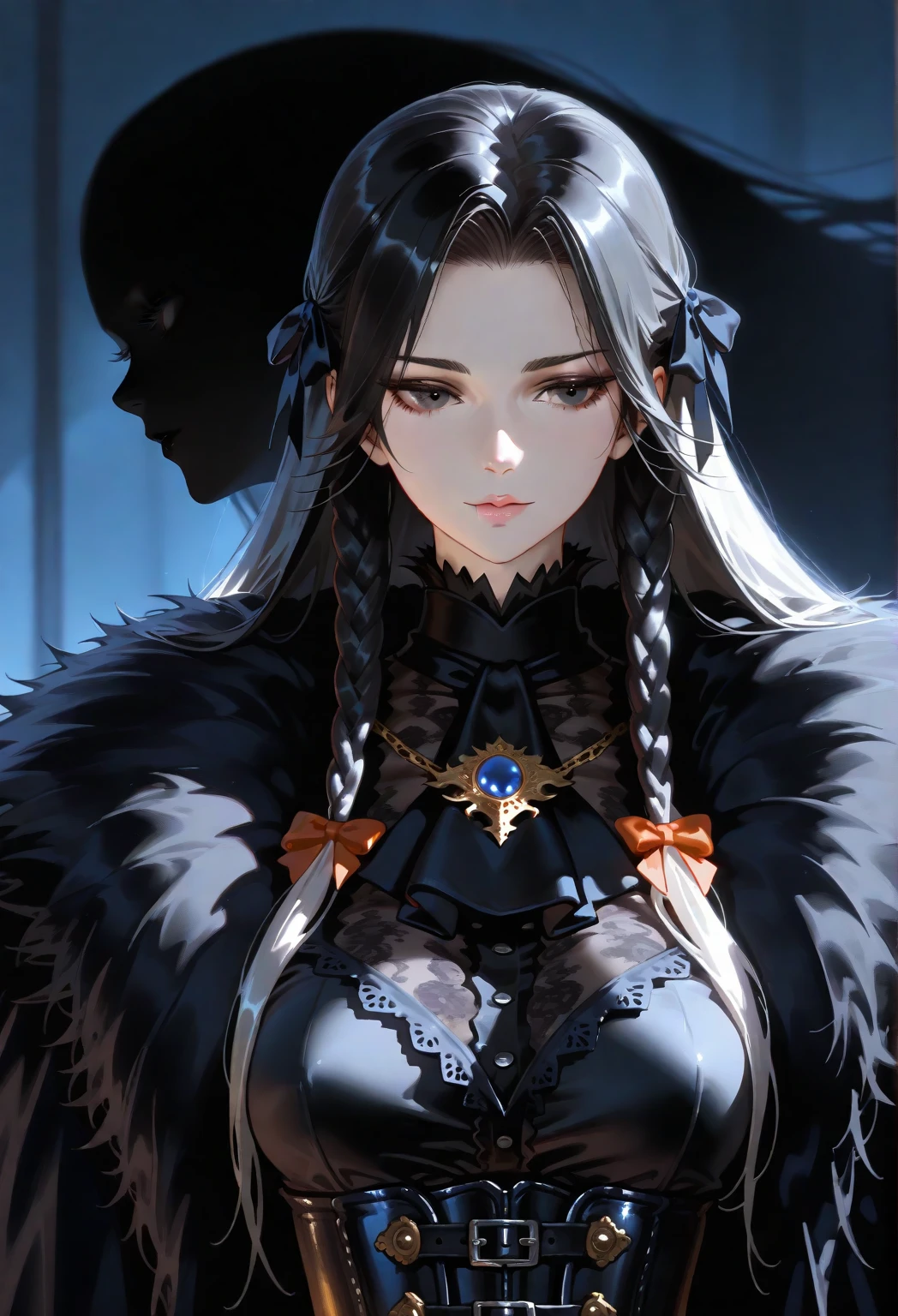 Seven Rhaeyar (Deylta), Ancient Star goddess, Perfect female anatomy (Adult Female, 166cm in height, pale skin, slim, slender, 34D breast size, Gray Eyes, Long Black Hair, Beauty Mark Mole on right cheek bone, a set of black horns on her head), Neutral facial expression, Elegant white, black and blue dress female uniform dress with gold and rope accessories and dragon motifs, Black background, receiving light from the front, Ethereal glow, blue petals