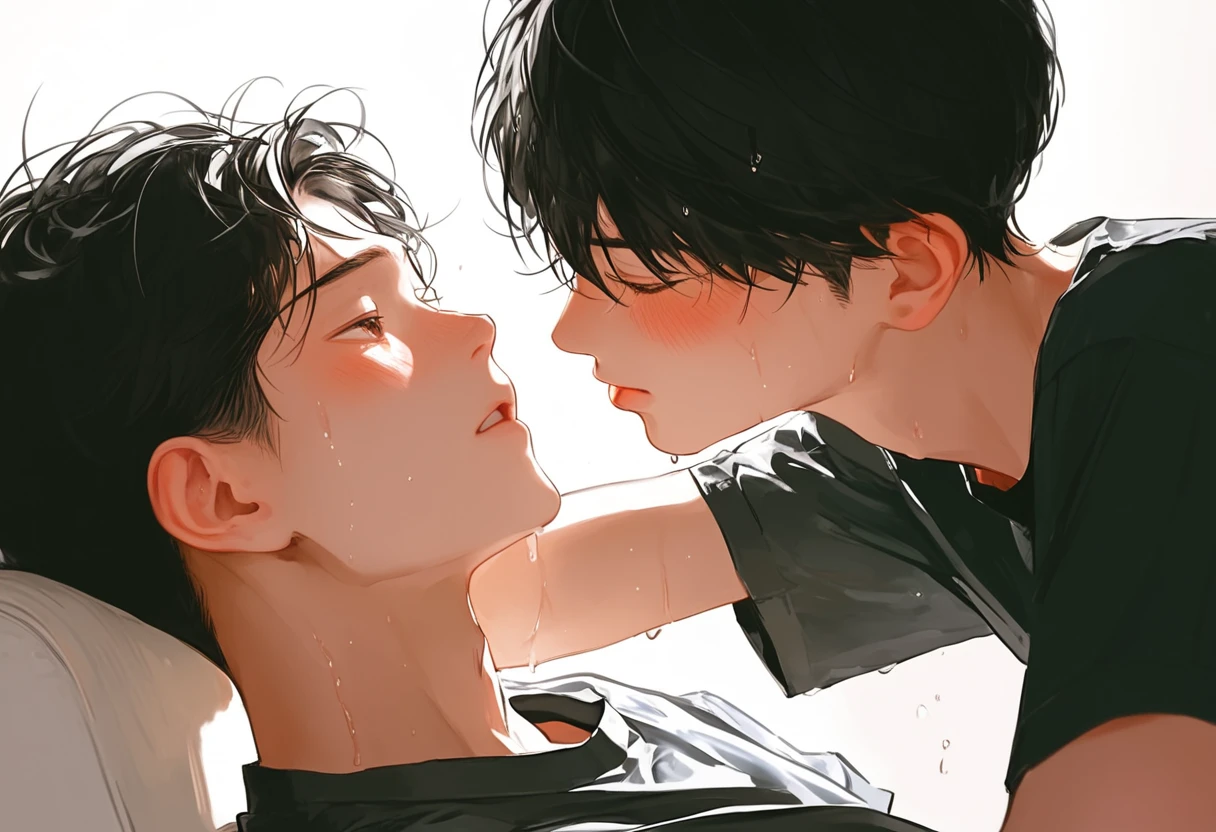 realisticlying,Two 18-year-old boys kiss、.The pubic areas are in close contact with each other,selfee、Sea bread,T-shirt wearing、the beach,selfee,Face Real,Face Zoom,Face realistic、Bulging pubic bone