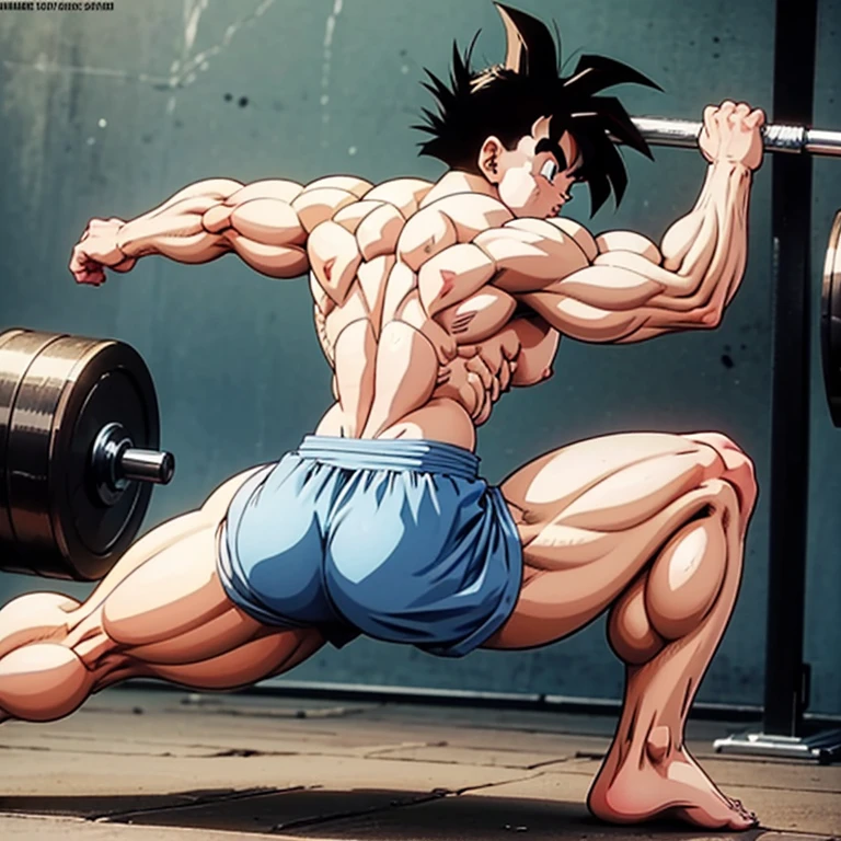 (Eine detaillierte Zeichnung von Son Goku, bodybuilding gym.), shirtless, barefoot