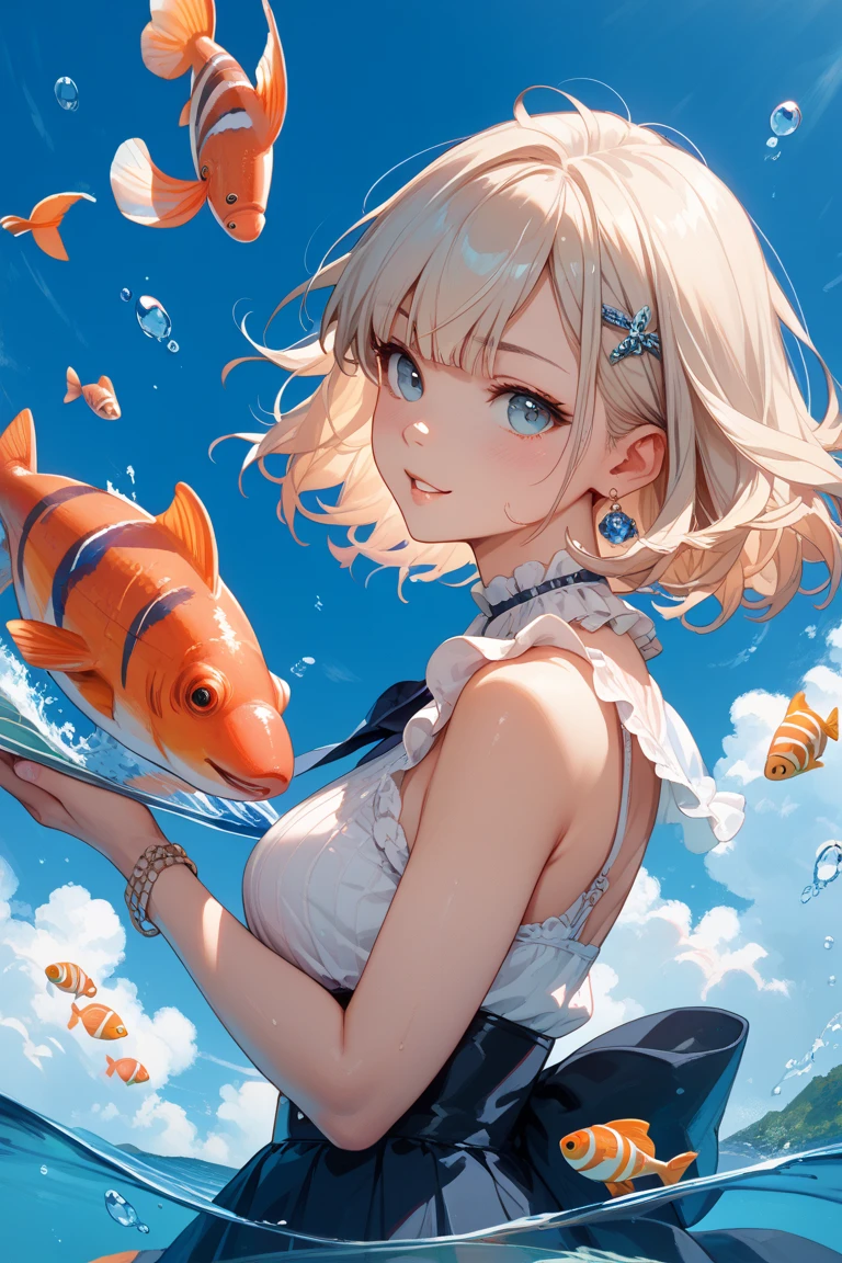 score_9, score_8_up, score_7_up, BREAK
misaka12003, 1girl, yellow dress, eating, hair ornament, bubble, blush, fish, blonde hair, blue eyes, looking at viewer, dress, short hair, underwater