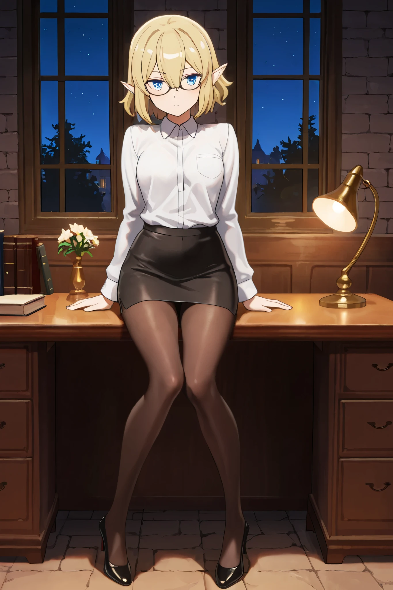 NSFW,masterpiece,best quality,high resolution,very detailed,Ryuu Lion(is it wrong to try to meet someone in a dungeon),short hair、blond hair、hair between his eyes、pointed ears、blue eyes, dress shirt,pencil skirt,pantyhose,high heels,glasses,Office at night,desk