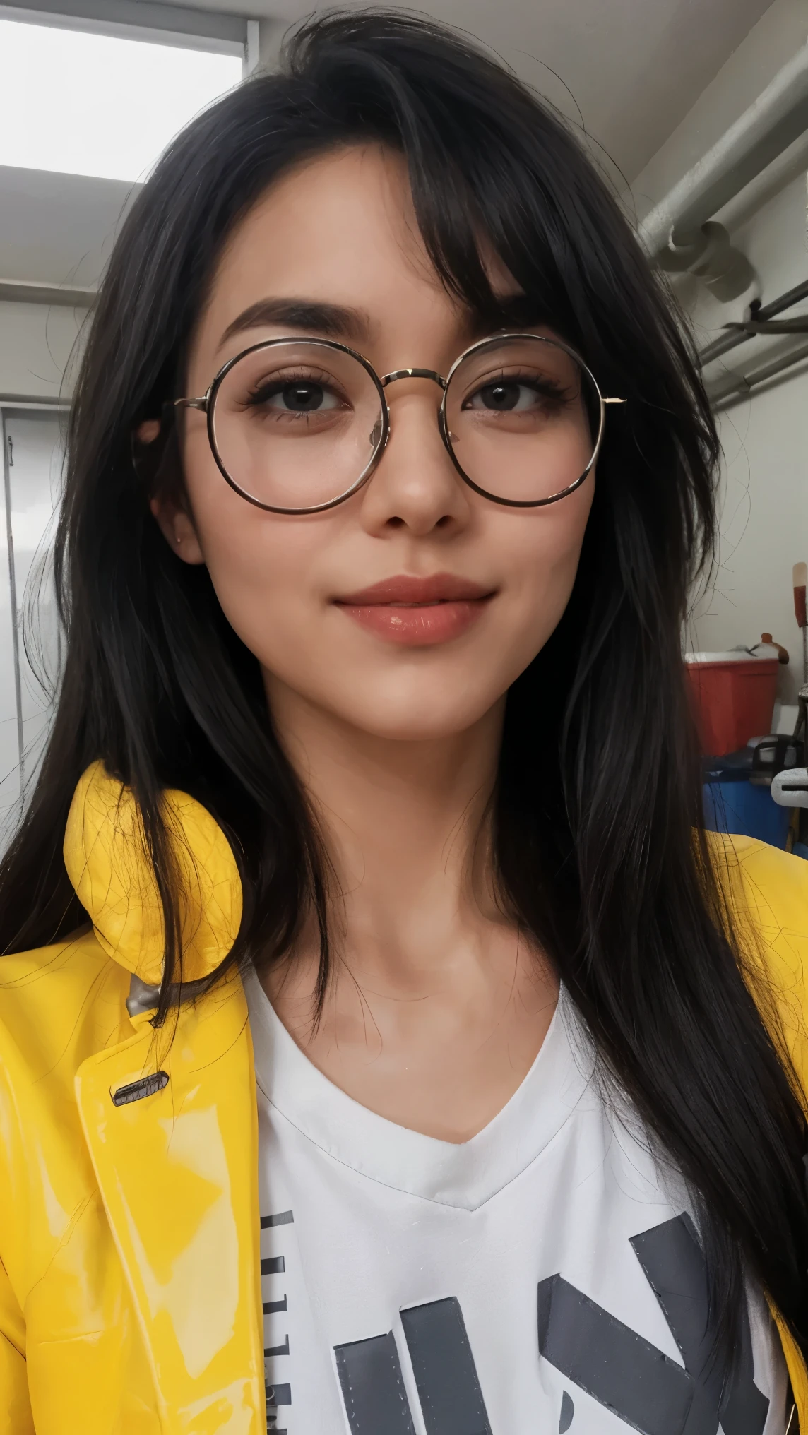 (masterpiece), best quality, expressive eyes, 8K, HD, perfect face, Turkish germanic girl, smoked eyes, black hair, brown eyes,(high quality eyes), streak hair, indoors, yellow latex jacket, looking at viewer, wc, collarbone, cold temperatures, valorant, toilet clothing, family, manger, killjoy shirt, smiling, ((((close-up))), garage, slim body, pov, circle glasses, short sleeves shirt, 1girl, ((kissing lips pose))