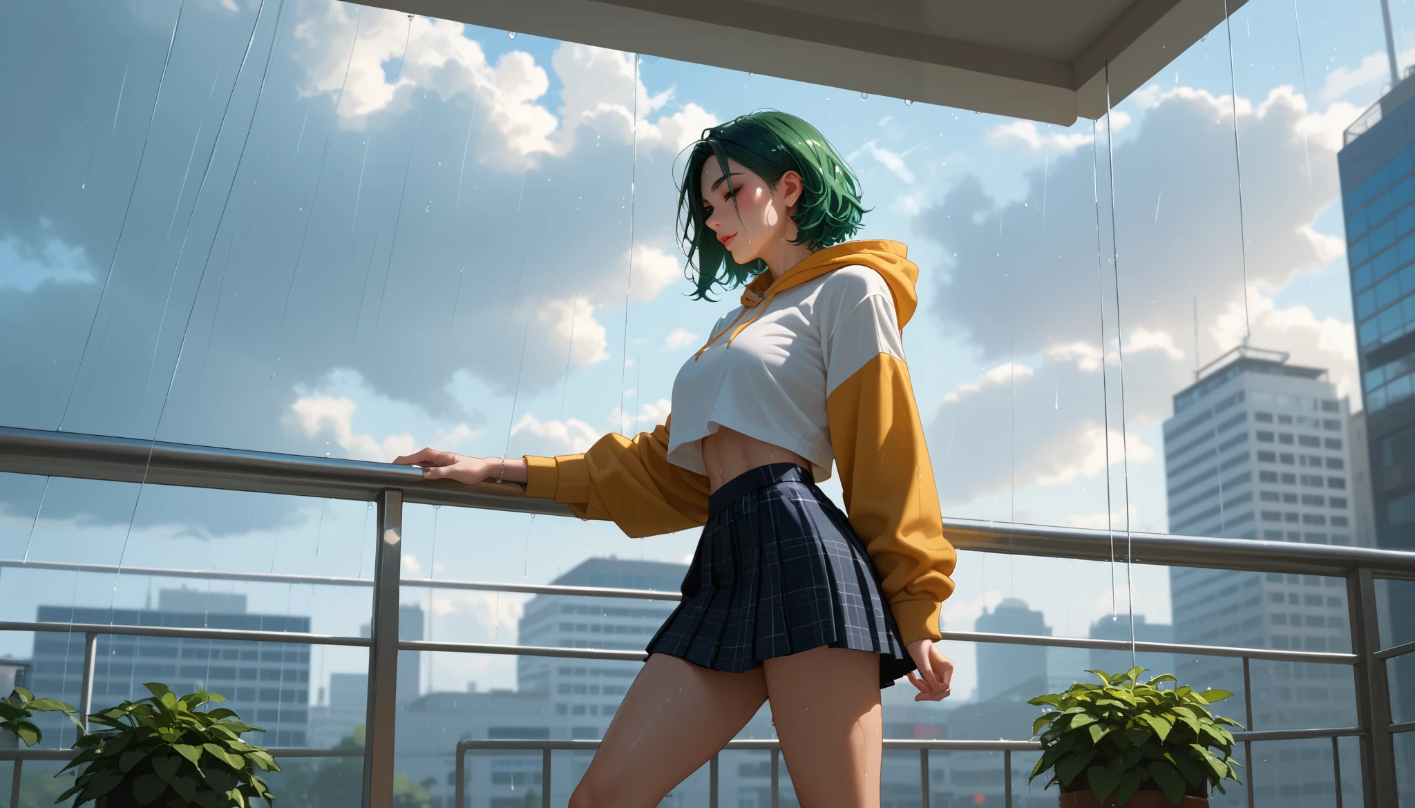 "A reflective woman standing on a glass balcony during twilight, wearing a lightweight skirt and a cropped hoodie. Her ombre green hair shimmers faintly under the dim, rainy sky. She gazes at the city below, where blurred neon lights and wet streets create a dreamy, melancholic atmosphere. The vibe is serene and introspective."