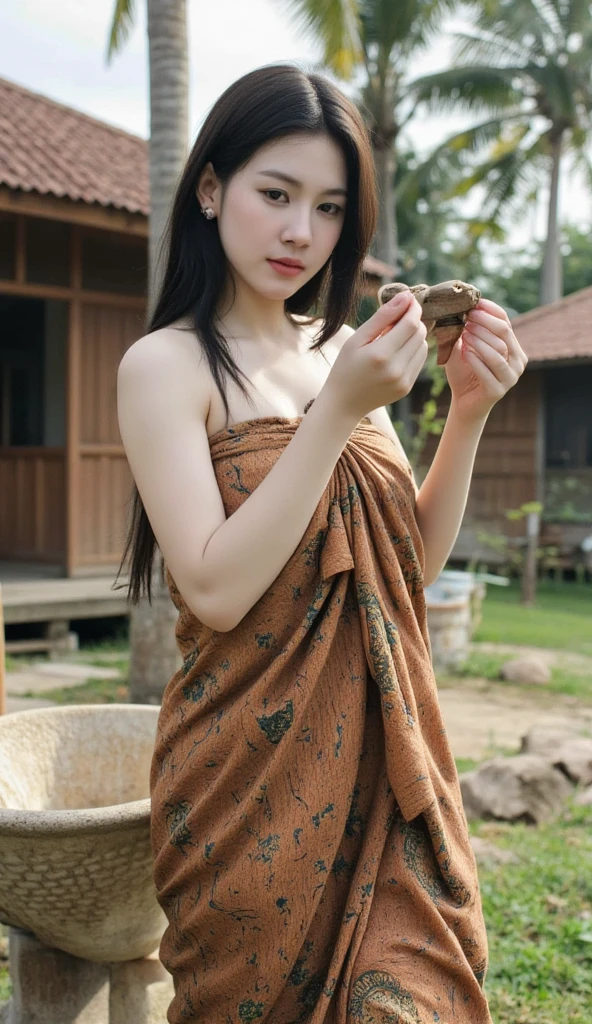 (8K, RAW Photos, Highest Quality, masutepiece: 1.7), (Realistic, Photorealistic: 1.9), NSFW, Black hair, (Blushing), Sweaty face, Full body, campsite, ((naked hot pants)), ((small breasts)), ((hands on belly)), cooking