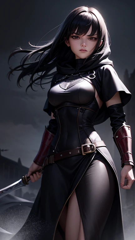 A shadow assassin wielding a katana sword, dark, realistic, full body, league of legends style.+intense shadow: 1.5, +detailed katana, +dynamic pose, +dramatic lighting effect, +dark and mysterious background