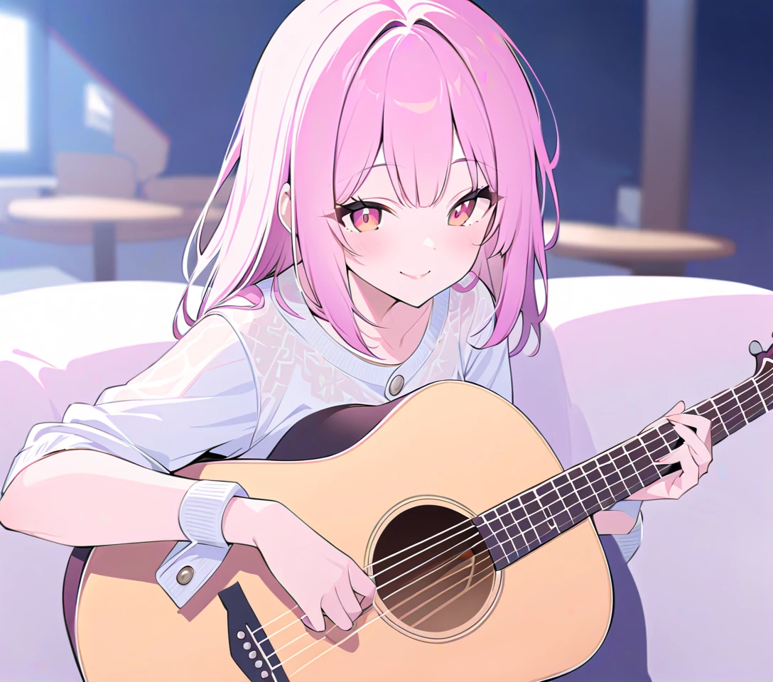 Acoustic guitar instruction　A girl with a guitar　Sight front　smile　overview