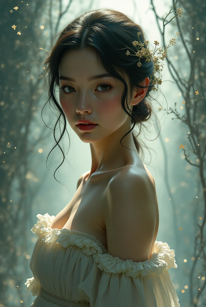 (masterpiece:1.2), Chinese women，best quality, (Real portrait:1.2), (Extremely detailed), Ultra Detail, (Fine details), (Intricate details), (Movie Lighting, best quality Backlights), Clear boundaries, From below, soloist, Soft lighting, Ethereal, magic looking, A straightforward looking girl，With soft black curly hair, Brown eyes, forest, fairy tale, whole body, Perfect body, Large Breasts,Hips, magic, Light Particles, firefly, Lovely smile
