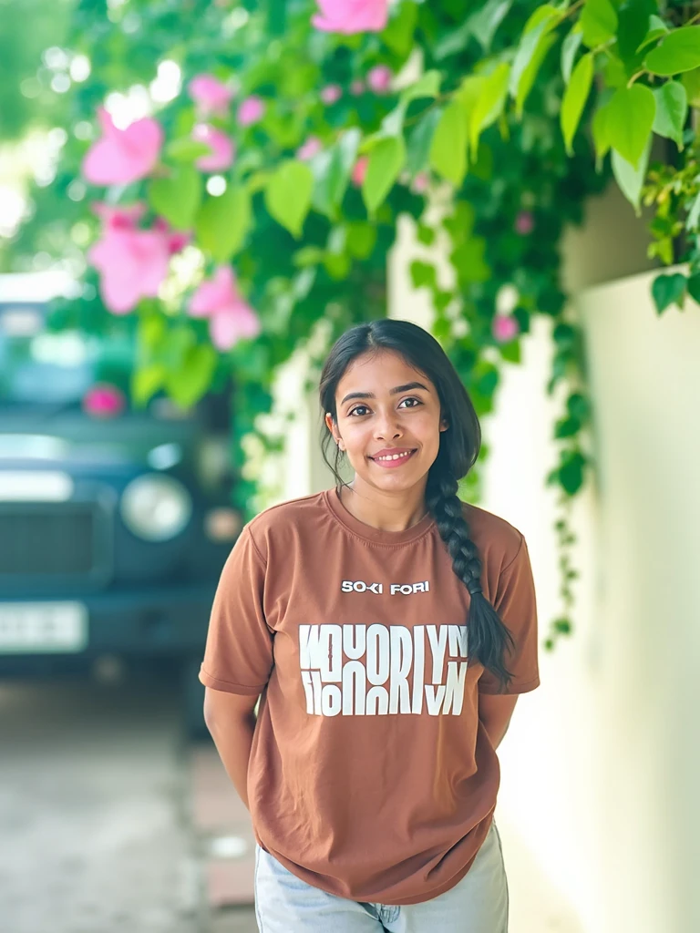 Make a girl who wear yellow colour T-Shirt in shirt write Abhishek. And breast size is big girl name is dhanuja age 15year make realistic girl who play FF and say sex me