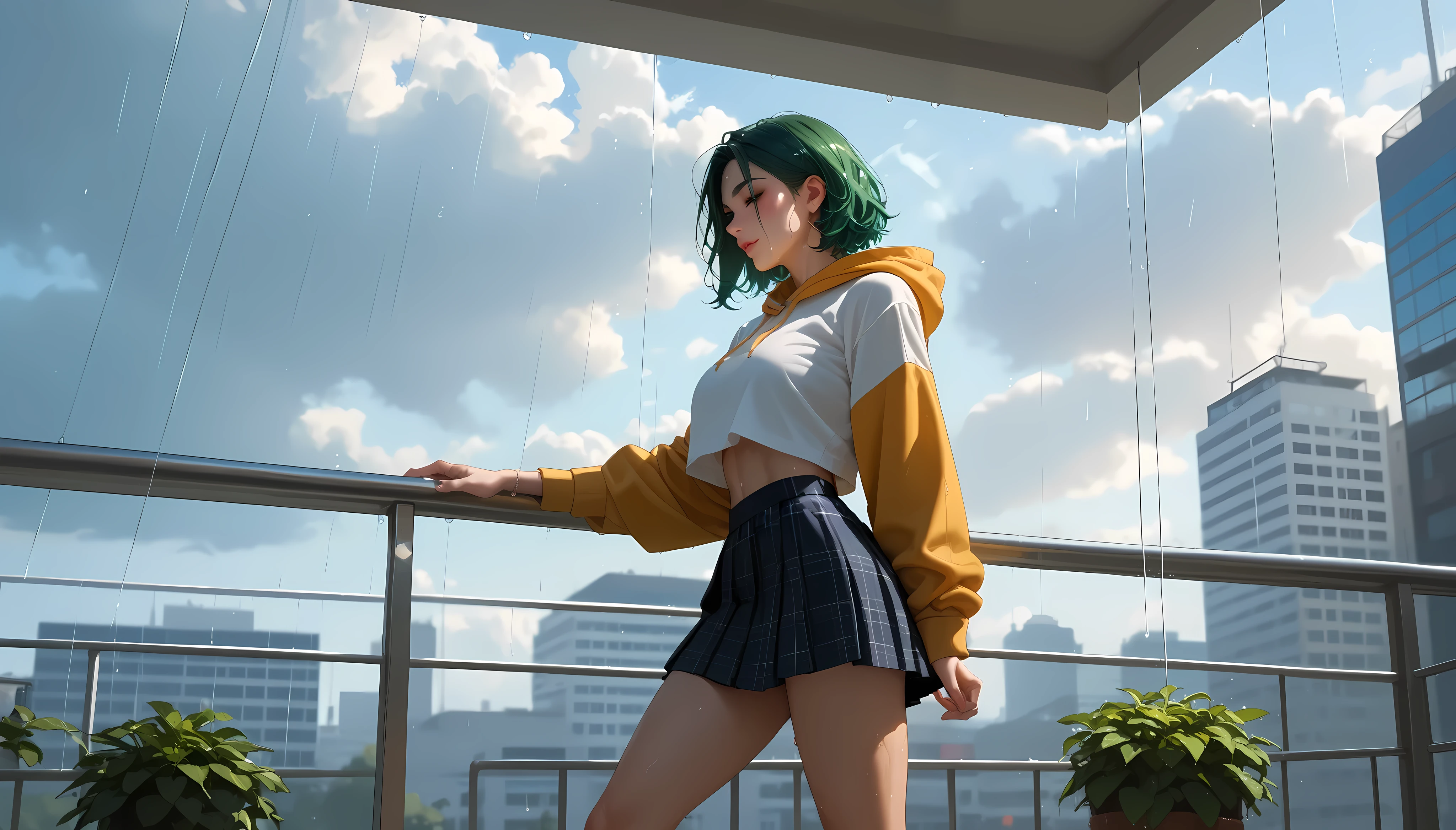 "A reflective woman standing on a glass balcony during twilight, wearing a lightweight skirt and a cropped hoodie. Her ombre green hair shimmers faintly under the dim, rainy sky. She gazes at the city below, where blurred neon lights and wet streets create a dreamy, melancholic atmosphere. The vibe is serene and introspective."
