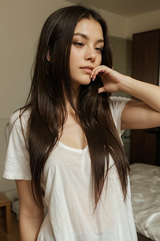 Une femme arabe francaise brune de , ((hyperréalisme)) ,. Cheveux brun . cheveux brun , Cheveux avec des racines brunes, cheveux extra longs, Very long hair, Very long hair, beau, vue de face, selfie, Photo prise avec l'iPhone, Black chemise elegant with escote, Coupe-bas, selfie in bedroom High quality, selfie iPhone, clivage