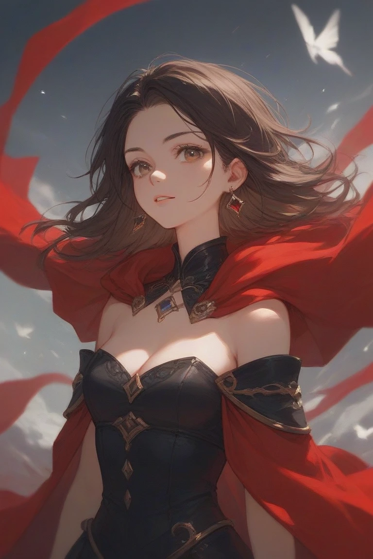 medieval setting, full view of body, 1 skinny female with large breast, beatiful smokey green eyes, black hair pinned up, shoulder free beautiful evening dress, red scarf around her neck, eerie sunset