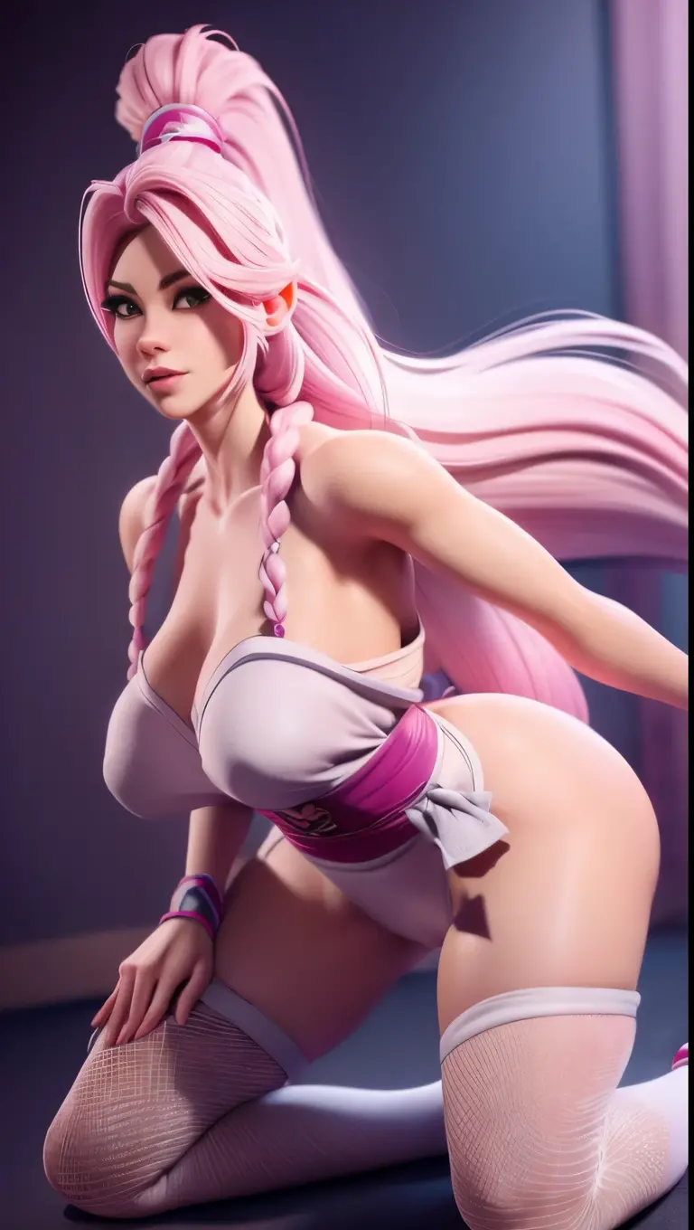 4k, portrait, best quality, ultra high resolution, ultra details (masterpiece, high quality), realistic, (melona queen blade, long pink hair, long rabbit ears, slim body), (full body, dynamic pose ), puffy pink, medium chest, tall detailed face, 1 girl, 2 legs, detailed hands,